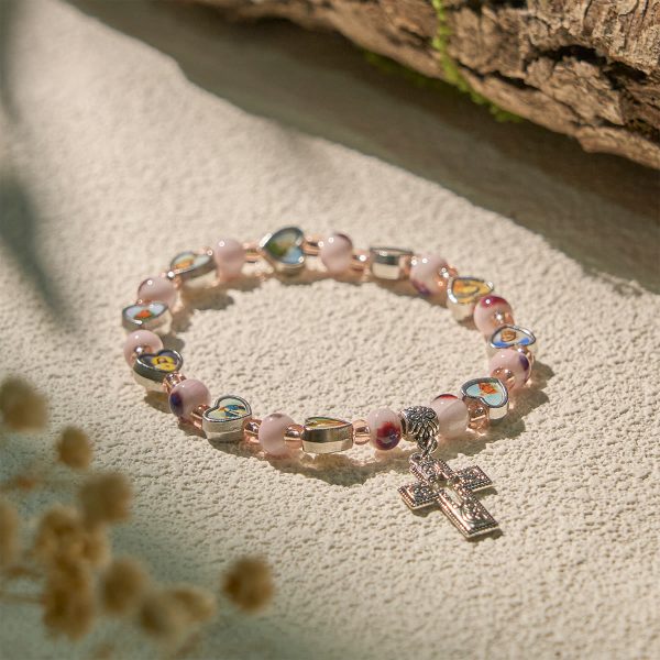 Christianartworkshop Colorful Glass & Ceramic Bead Bracelets with Cross and Saints Heart Charms