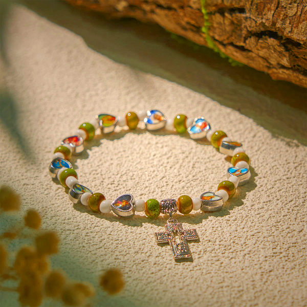 Colorful Glass & Ceramic Bead Bracelets with Cross and Saints Heart Charms