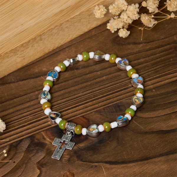 Christianartworkshop Colorful Glass & Ceramic Bead Bracelets with Cross and Saints Heart Charms