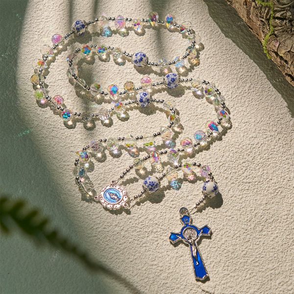 Shining Crystal and Blue Floral Beads Rosary with Enamel Crucifix & Our Lady