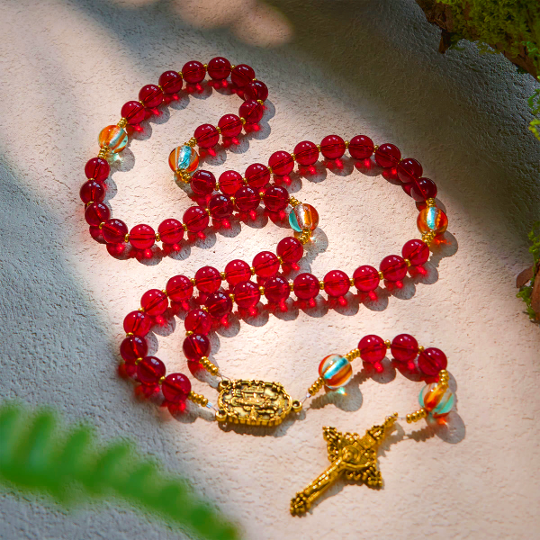 Our Lady of Fatima Rosary with Wine Red and Shining Rainbow Beads of Grace
