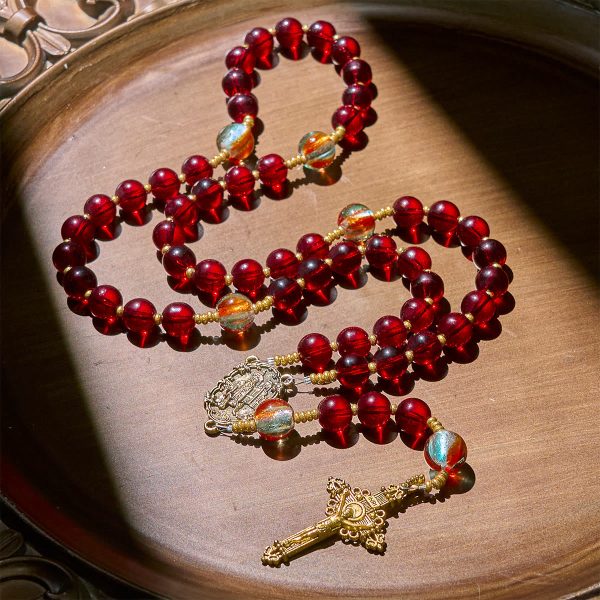 Thanksgiving Gift: Our Lady of Fatima Rosary with Wine Red and Shining Rainbow Beads of Grace
