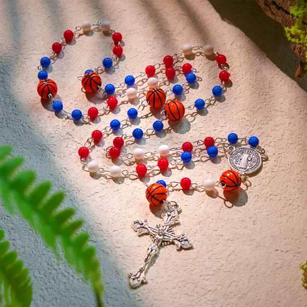 Patriotic Basketball Inspired Beads with St. Benedict Rosary for Sports Faith