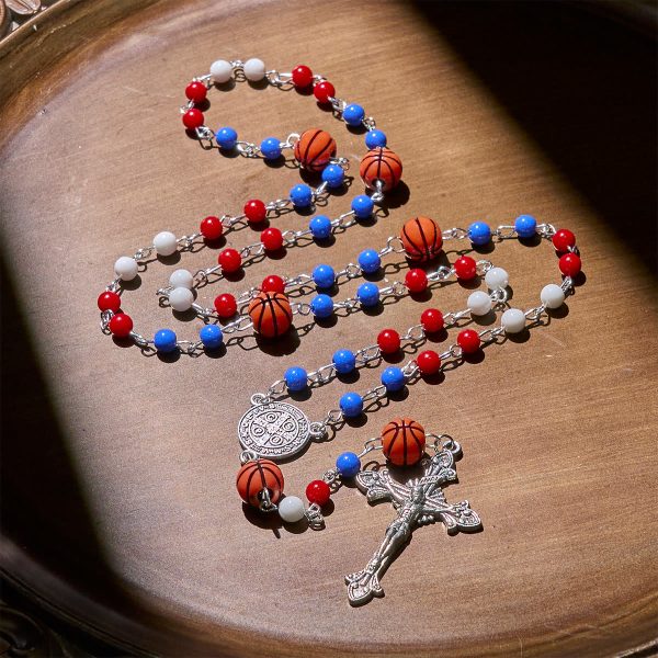 Patriotic Basketball Inspired Beads with St. Benedict Rosary for Sports Faith