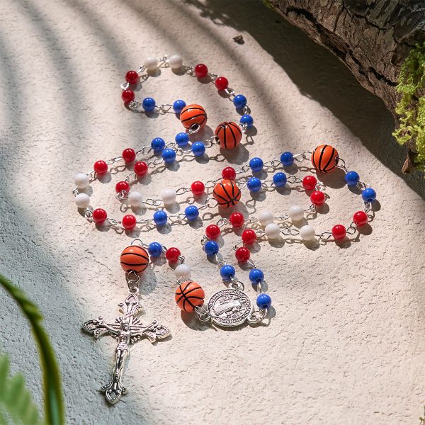 Patriotic Basketball Inspired Beads with St. Benedict Rosary for Sports Faith