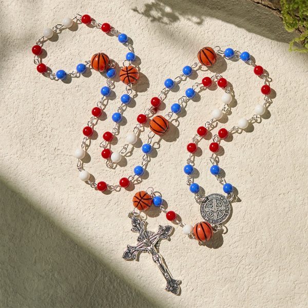 Patriotic Basketball Inspired Beads with St. Benedict Rosary for Sports Faith