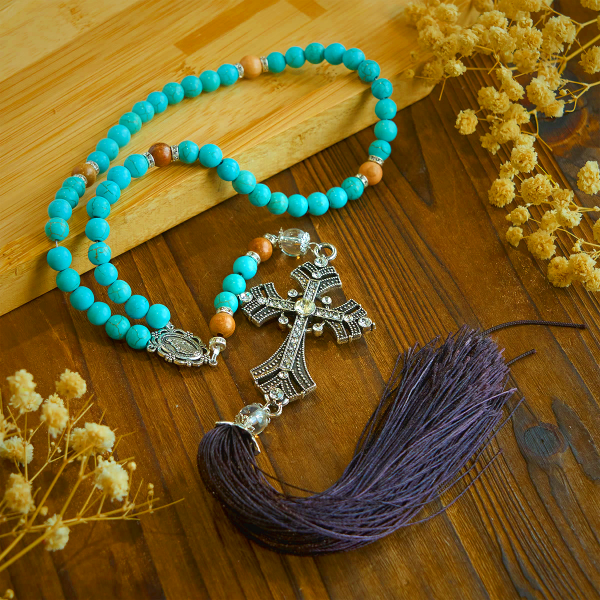 Modern Grace Turquoise Gemstone Rosary with Tassel Cross Pendant