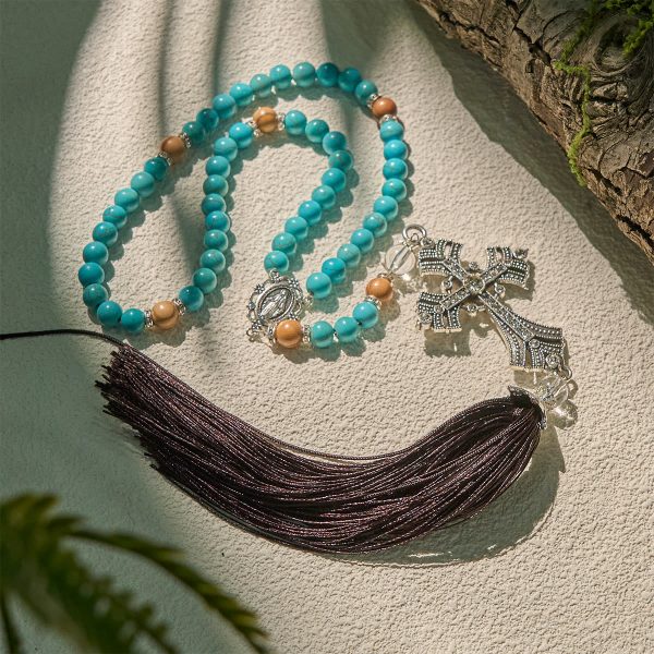 Modern Grace Turquoise Gemstone Rosary with Tassel Cross Pendant