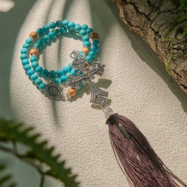 Modern Grace Turquoise Gemstone Rosary with Tassel Cross Pendant
