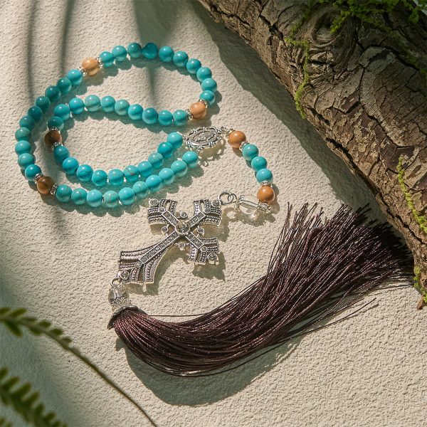 Modern Grace Turquoise Gemstone Rosary with Tassel Cross Pendant