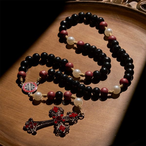 Christianartworkshop Devotional Black and Red Rosary with St. Benedict Blessing and Red Ornate Cross