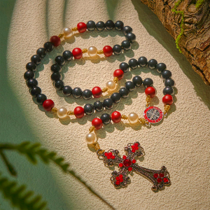 Devotional Black and Red Rosary with St. Benedict Blessing and Red Ornate Cross