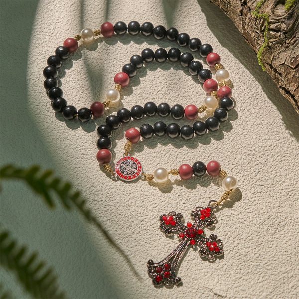 Christianartworkshop Devotional Black and Red Rosary with St. Benedict Blessing and Red Ornate Cross