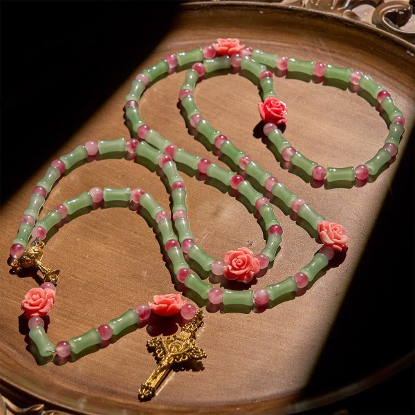 Peaceful Bamboo and Pink Floral Rosary with Crucifix and Holy Chalice