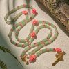 Peaceful Bamboo and Pink Floral Rosary with Crucifix and Holy Chalice