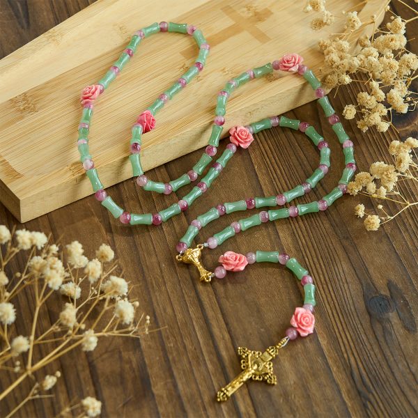 Peaceful Bamboo and Pink Floral Rosary with Crucifix and Holy Chalice
