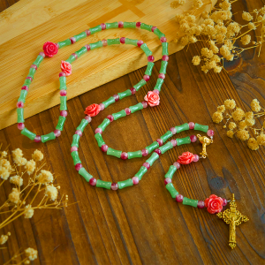 Peaceful Bamboo and Pink Floral Rosary with Crucifix and Holy Chalice