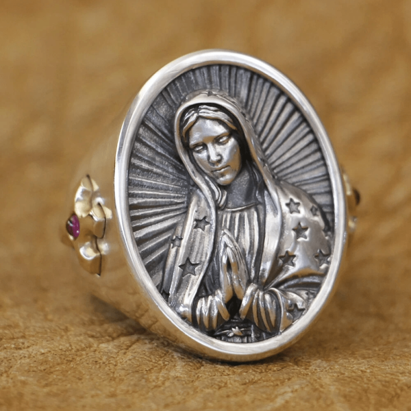Virgin Mary Oval Ring in 925 Silver Divine Protection and Prayer