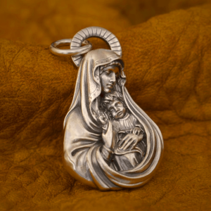 Sacred Madonna and Child Devotional Pendant Necklace in Vintage Silver