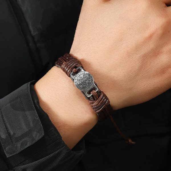 Christianartworkshop Classic 2 Color St. Benedict Leather Bracelet: Symbol of Faith and Courage