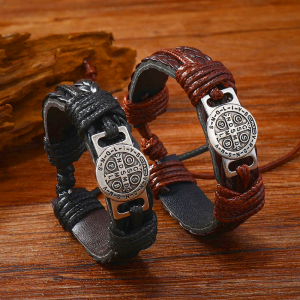 Classic 2 Color St. Benedict Leather Bracelet: Symbol of Faith and Courage