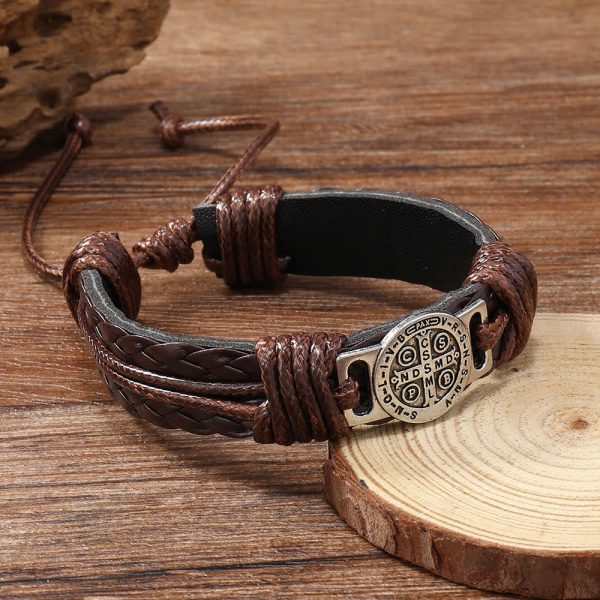 Christianartworkshop Classic 2 Color St. Benedict Leather Bracelet: Symbol of Faith and Courage