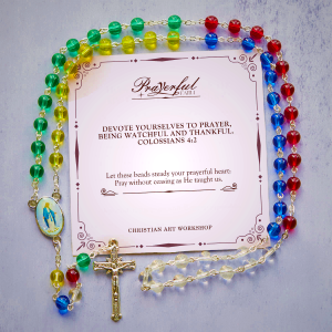 PRAYERFUL FAITH: 6mm Transparent Multicolor Rainbow Beads Rosary with Gift Card