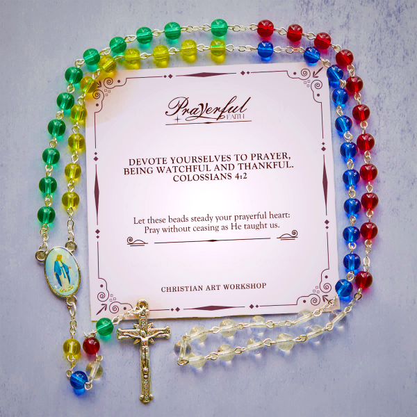 PRAYERFUL FAITH: 6mm Transparent Multicolor Rainbow Beads Rosary with Gift Card