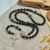 Christianartworkshop St. Benedict & Crucifix of 8mm Obsidian & Jade Handmade Bead Rosary - Faith and Sacred Connection