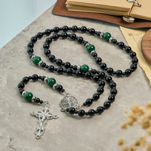 Christianartworkshop PRAYERFUL FAITH: St. Benedict & Crucifix of 8mm Obsidian & Jade Handmade Bead Rosary
