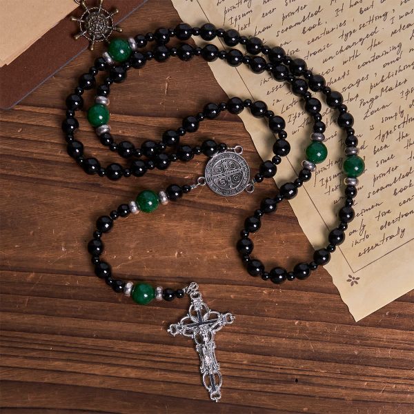 Christianartworkshop PRAYERFUL FAITH: St. Benedict & Crucifix of 8mm Obsidian & Jade Handmade Bead Rosary
