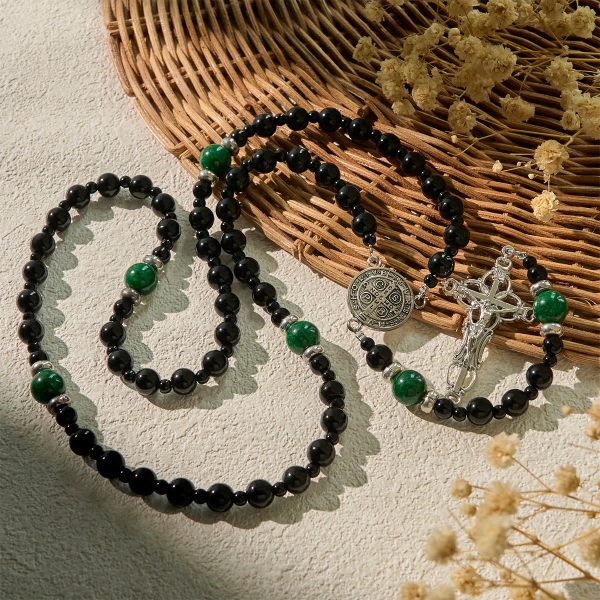 Christianartworkshop PRAYERFUL FAITH: St. Benedict & Crucifix of 8mm Obsidian & Jade Handmade Bead Rosary