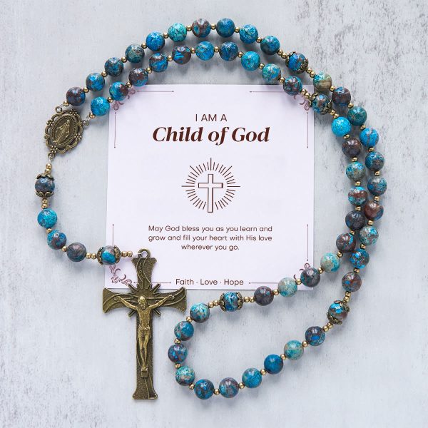 Jesus Is The Gift: Blue Pattern Beads Handmade Rosary of Authentic Larimar Stone