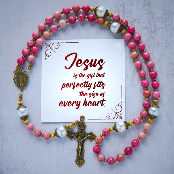 Jesus Is The Gift: Natural Red Wood Vein Stone Handmade Rosary with Gift Card