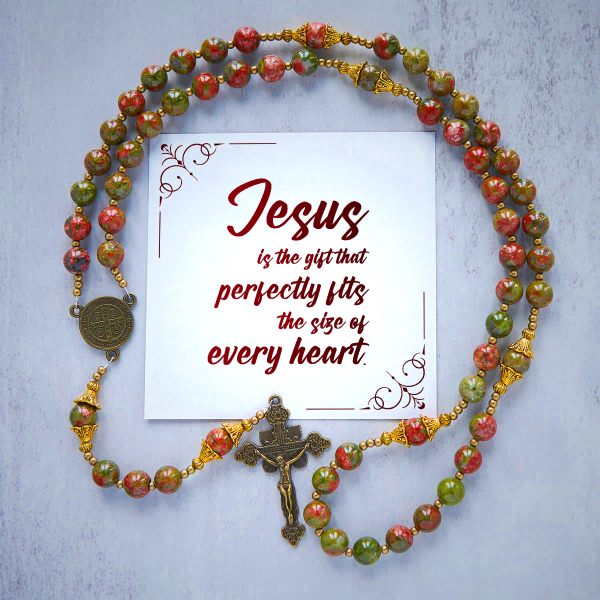 Jesus Is The Gift: Handmade Chrysocolla Stone Rosary with Gift Card