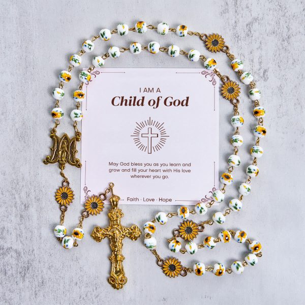 Christianartworkshop Jesus Is The Gift: Handmade Sunflower-Inspired Yellow Floral Rosary with Gift Card