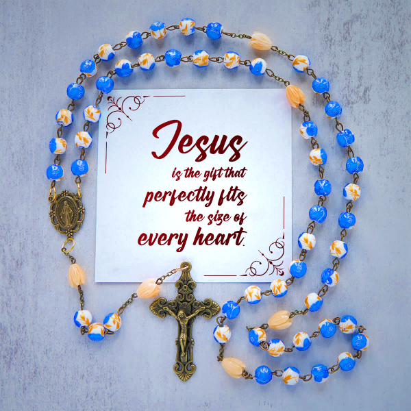 Jesus Is The Gift: Handmade Floral Rosary with Blue Rose Beads & Lily of Valley