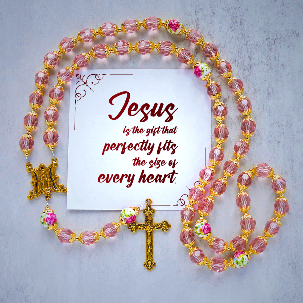 Jesus Is The Gift: Pink Crystal Beads Crucifix & Virgin Mary Rosary with Gift Card
