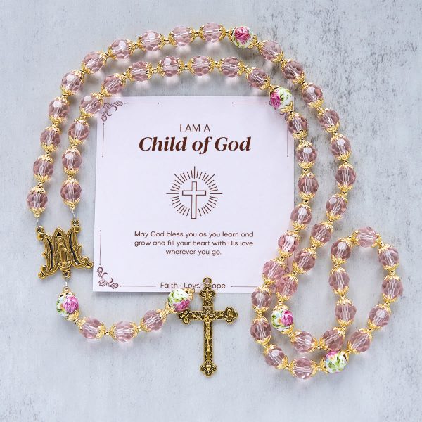 Christianartworkshop Jesus Is The Gift: Pink Crystal Beads Crucifix & Virgin Mary Rosary with Gift Card