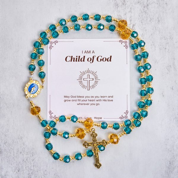 Jesus Is The Gift: Handmade Peacock Blue Crystal Beads Rosary with Gift Card