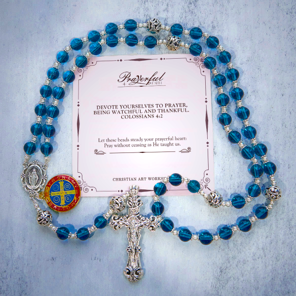 PRAYERFUL FAITH: Handmade Crucifix Clear Blue Glass Rosary with Gift Card