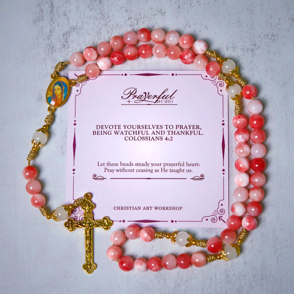 PRAYERFUL FAITH: Handmade Pink Glossy Beads Rosary with Gift Card