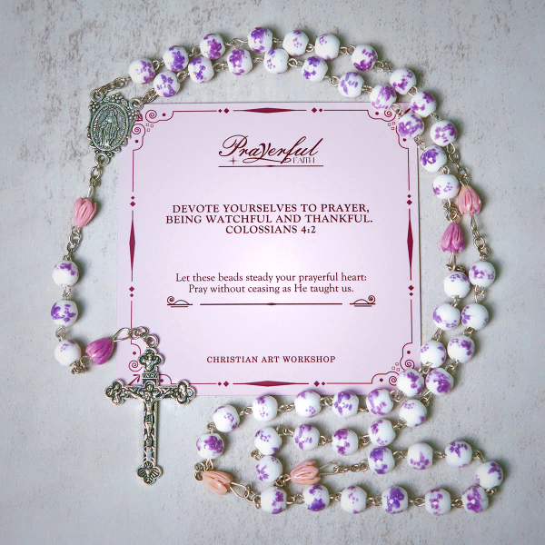 PRAYERFUL FAITH: Handmade Purple Flower Beads Rosary with Gift Card