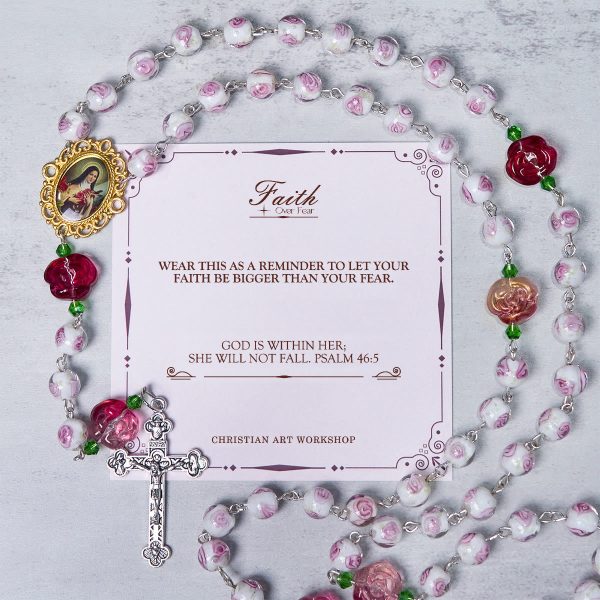Christianartworkshop PRAYERFUL FAITH: Handmade Rose & Ivory Floral Elegance Rosary with Gift Card
