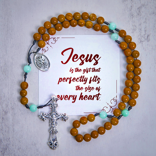PRAYERFUL FAITH: Minimalist Mint and Brown Beads Rosary with Gift Card