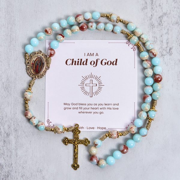 PRAYERFUL FAITH: Handmade Aqua Stone Prayer Rosary with Gift Card