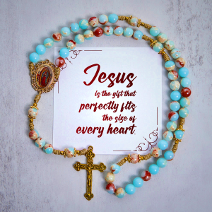 PRAYERFUL FAITH: Handmade Aqua Stone Prayer Rosary with Gift Card