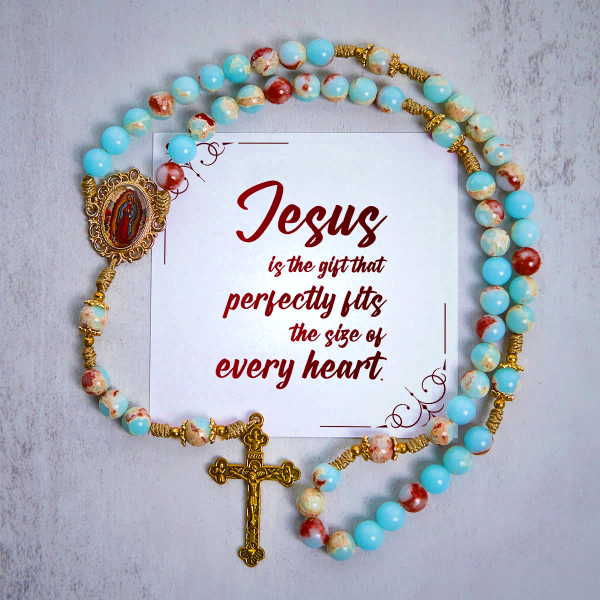 PRAYERFUL FAITH: Handmade Aqua Stone Prayer Rosary with Gift Card