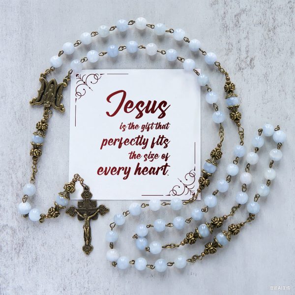 PRAYERFUL FAITH: Handmade Rosary with Light Blue Jade Beads and Brass with Gift Card