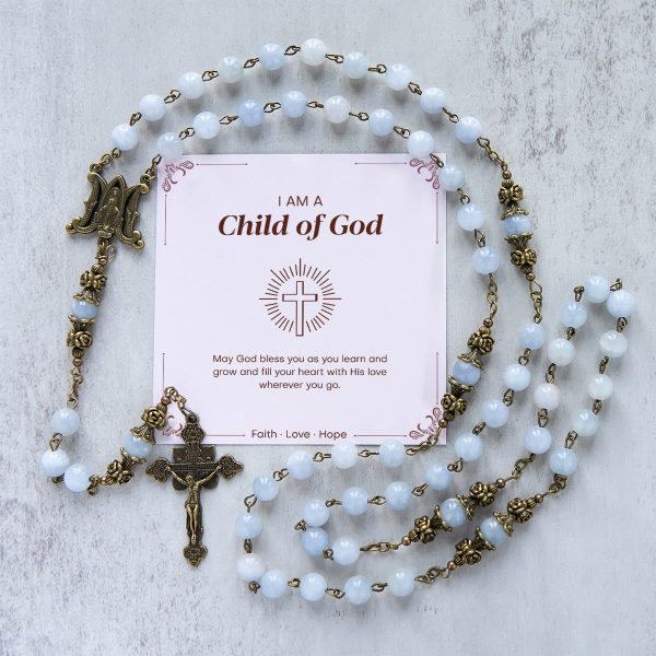 PRAYERFUL FAITH: Handmade Rosary with Light Blue Jade Beads and Brass with Gift Card